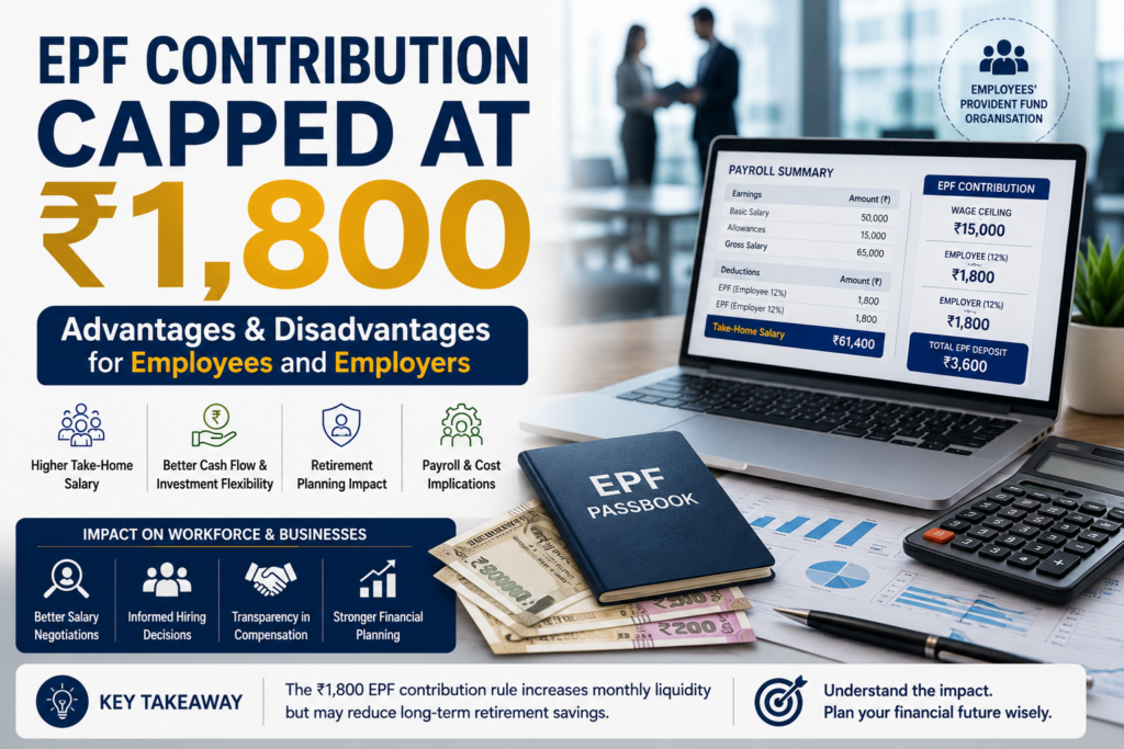 Hero image illustrating the ₹1,800 EPF contribution rule with HR, payroll, employee benefits, and employer cost concepts in a professional corporate setting.