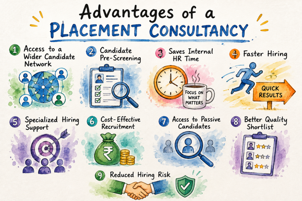 Watercolor infographic showing the advantages of a placement consultancy including wider candidate network, pre-screening, faster hiring and reduced hiring risk.