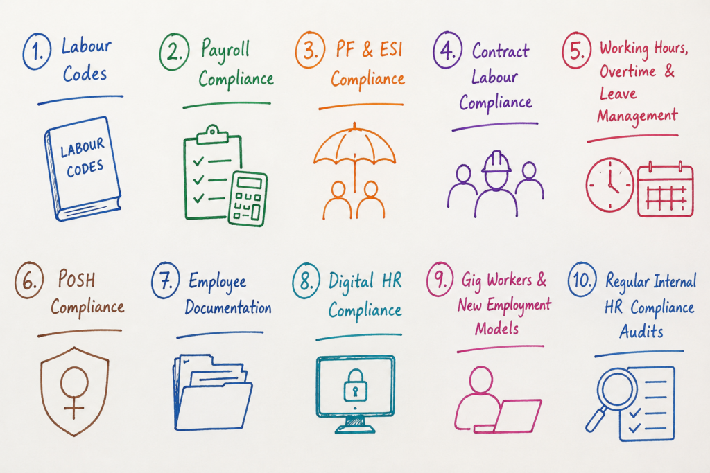 Handwritten visual guide showing the top 10 labour law updates every HR professional should know in 2026, including Labour Codes, Payroll Compliance, PF & ESI, POSH, and HR Compliance Audits.