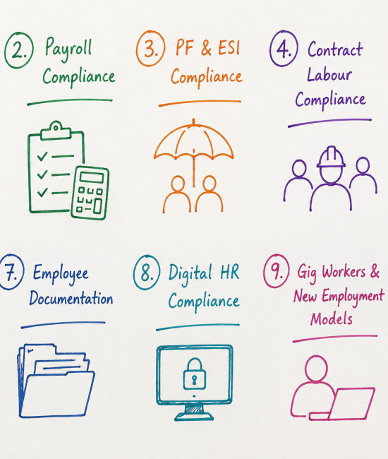 Handwritten visual guide showing the top 10 labour law updates every HR professional should know in 2026, including Labour Codes, Payroll Compliance, PF & ESI, POSH, and HR Compliance Audits.
